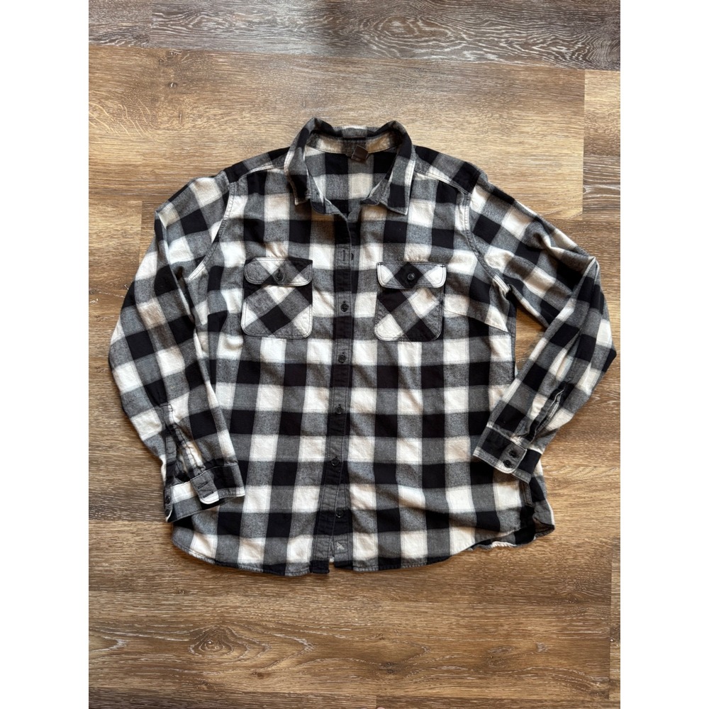 Eddie Bauer Womens XL Black White Buffalo Plaid Flannel Button Down Shirt